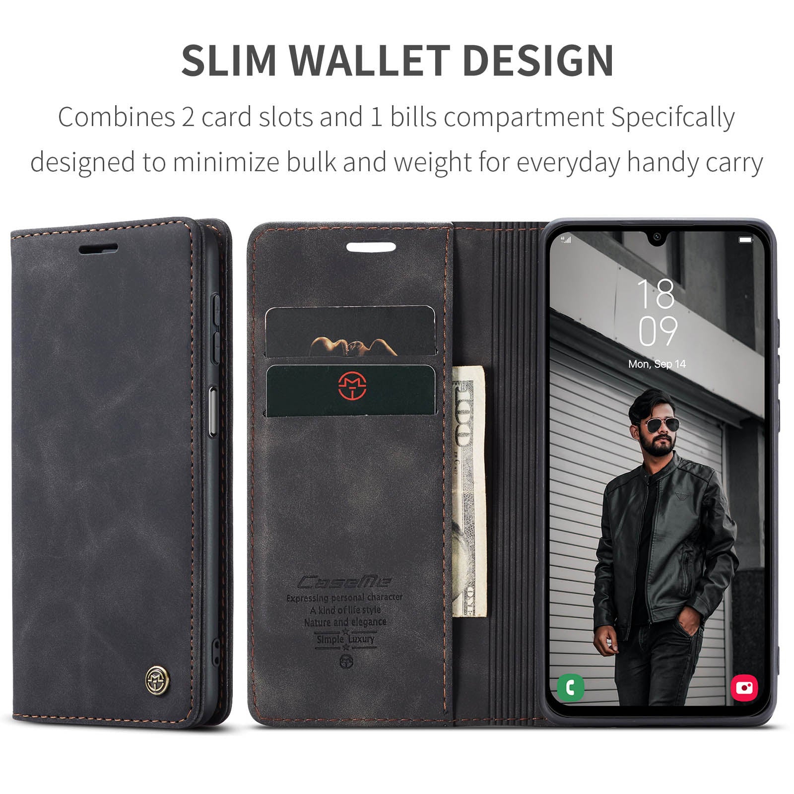 For Samsung Galaxy A16 5G / A16 4G Case CASEME 013 Series Card Holder Stand Leather Phone Cover - Black