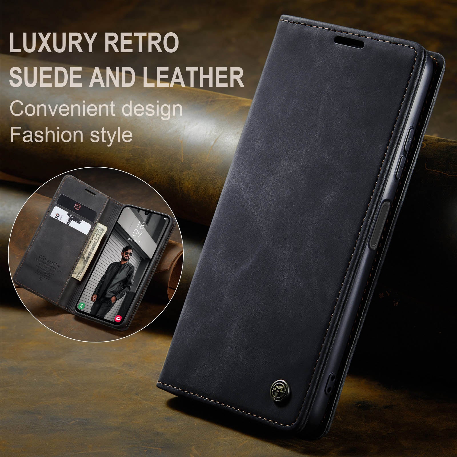 For Samsung Galaxy A16 5G / A16 4G Case CASEME 013 Series Card Holder Stand Leather Phone Cover - Black