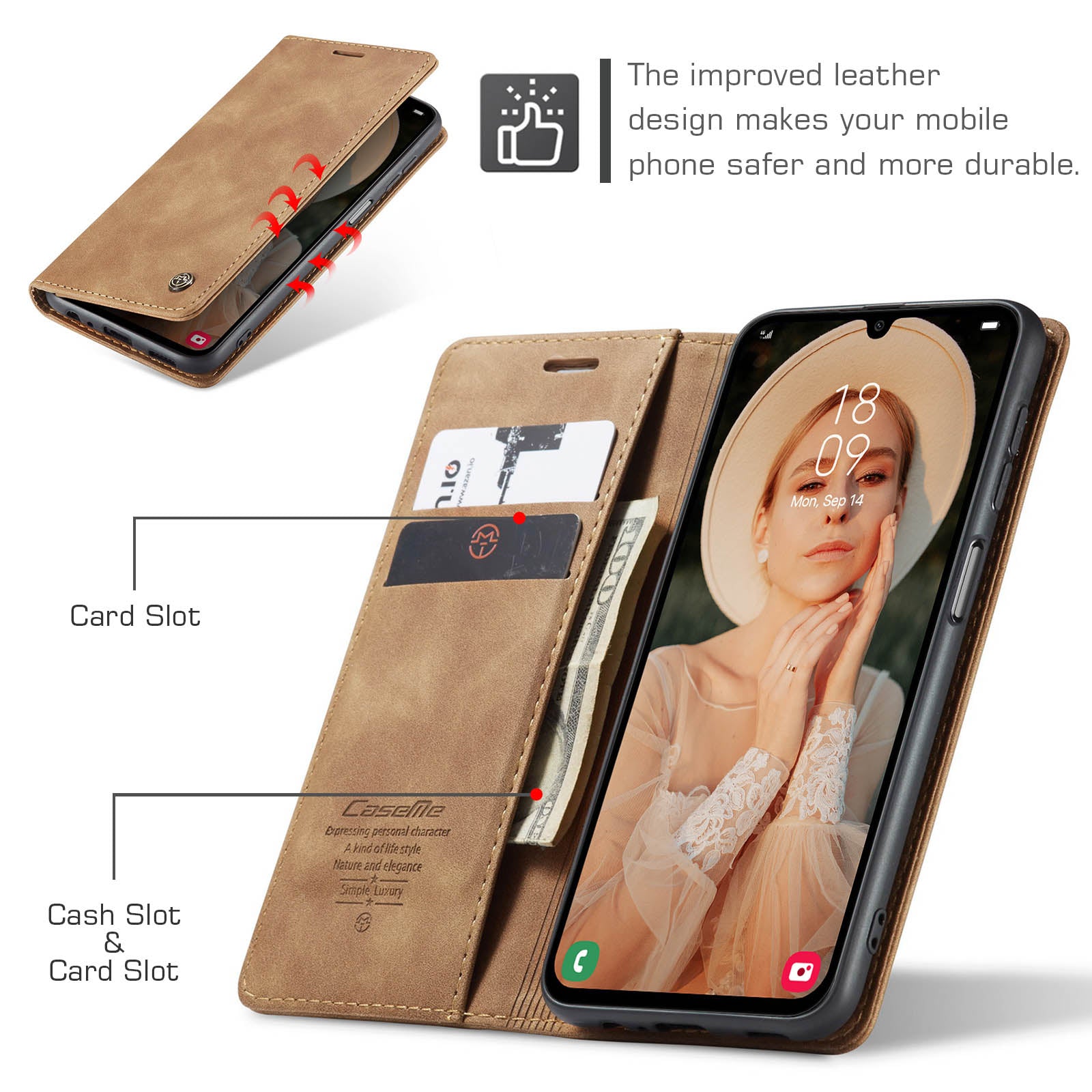 For Samsung Galaxy A16 5G / A16 4G Case CASEME 013 Series Card Holder Stand Leather Phone Cover - Brown