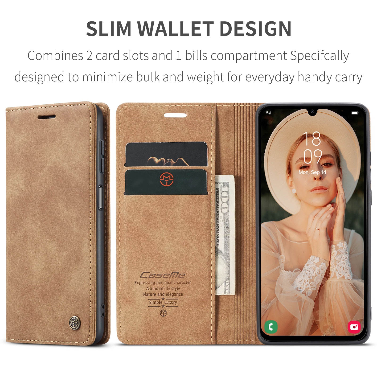 For Samsung Galaxy A16 5G / A16 4G Case CASEME 013 Series Card Holder Stand Leather Phone Cover - Brown