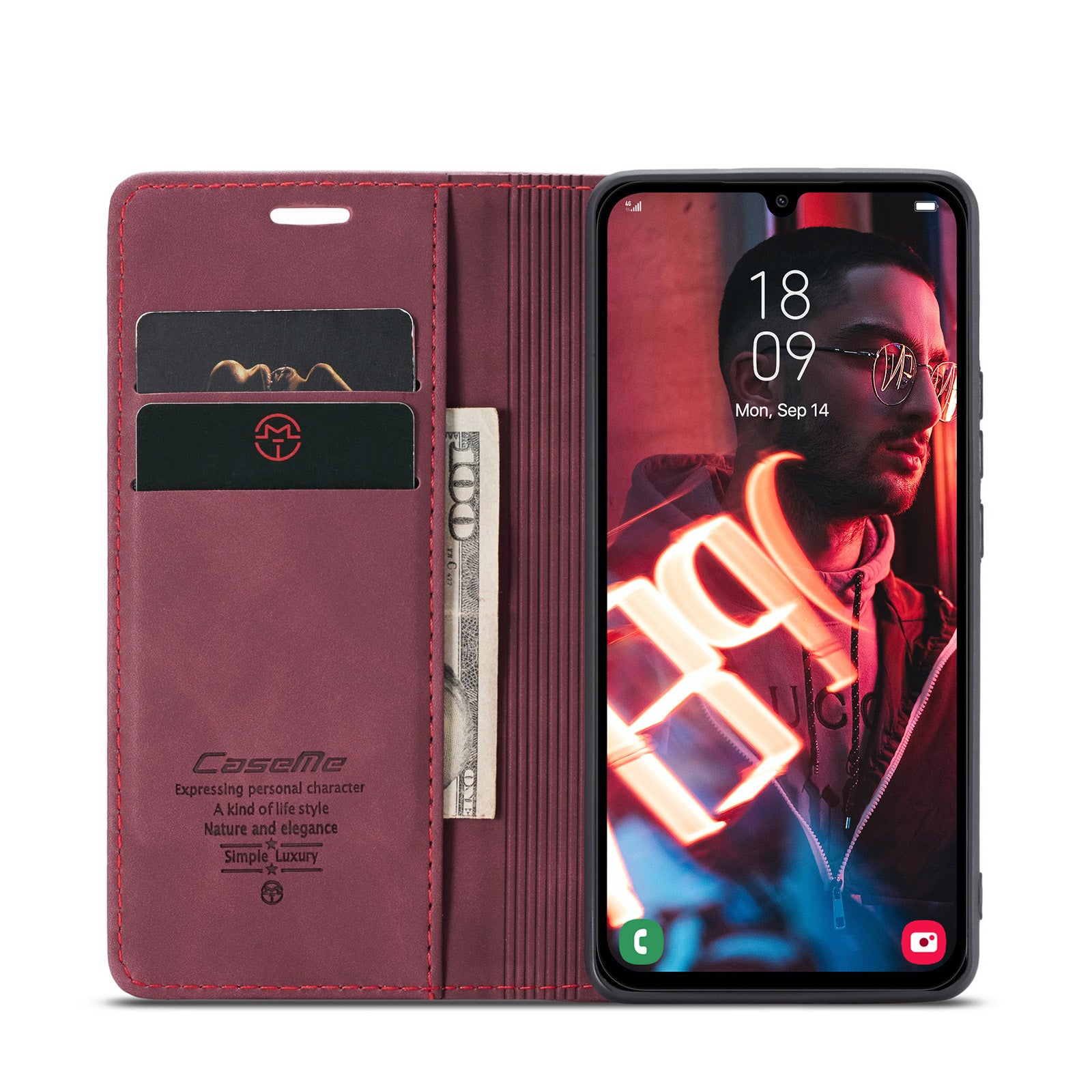 For Samsung Galaxy A16 5G / A16 4G Case CASEME 013 Series Card Holder Stand Leather Phone Cover - Red