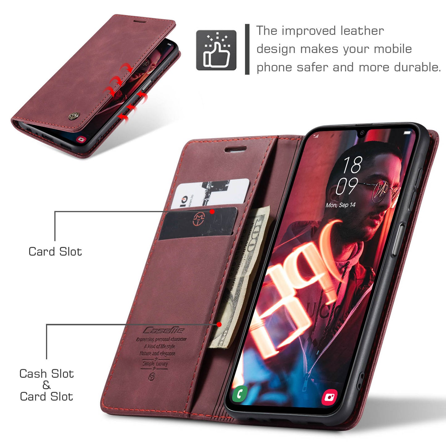 For Samsung Galaxy A16 5G / A16 4G Case CASEME 013 Series Card Holder Stand Leather Phone Cover - Red