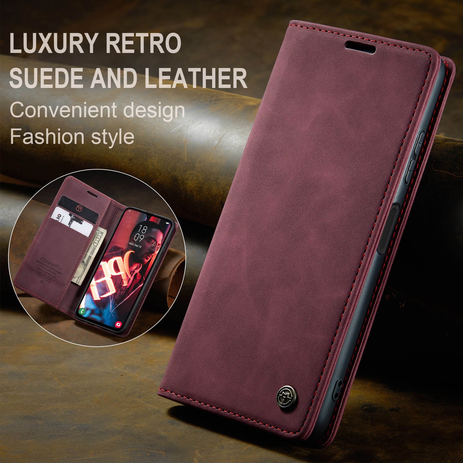 For Samsung Galaxy A16 5G / A16 4G Case CASEME 013 Series Card Holder Stand Leather Phone Cover - Red