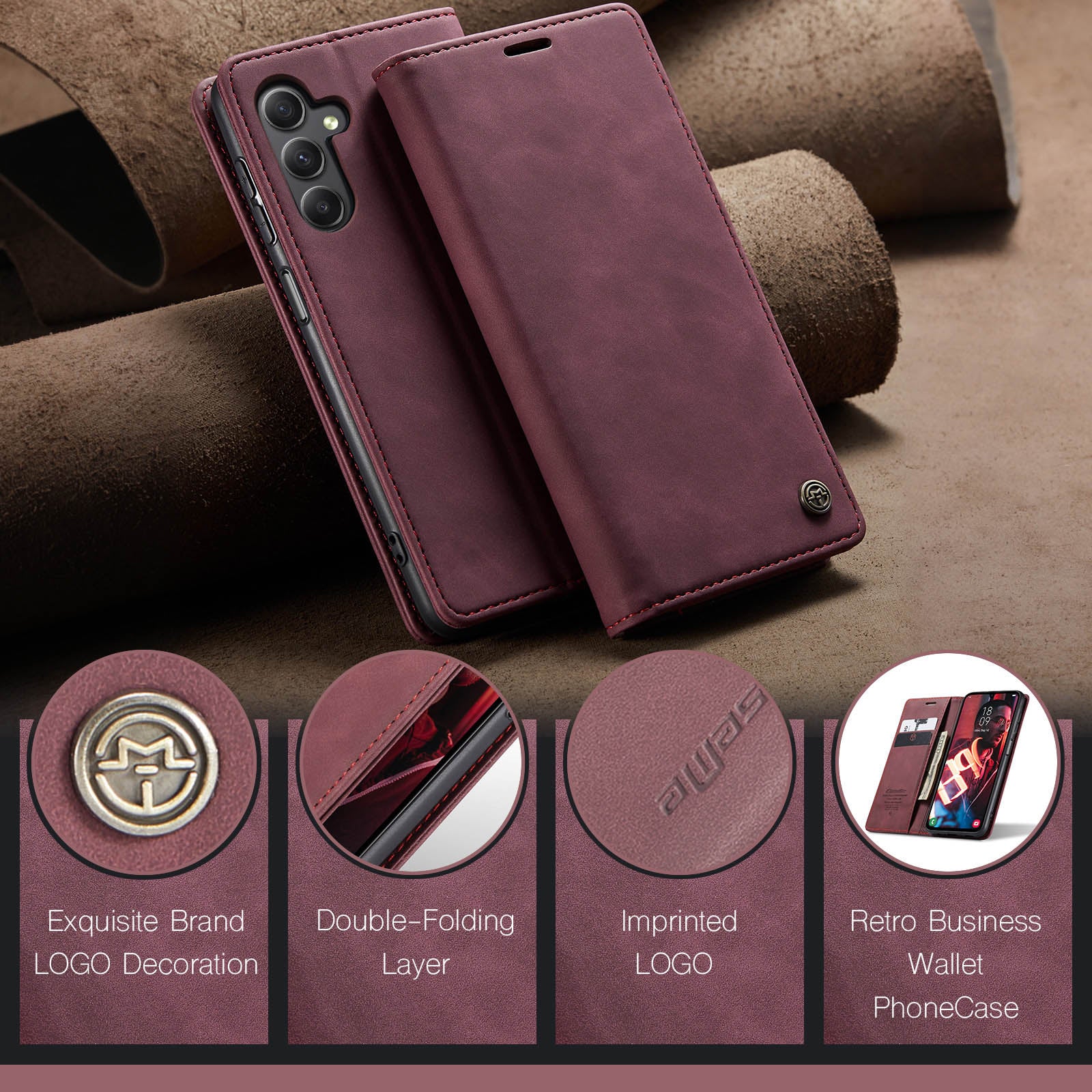 For Samsung Galaxy A16 5G / A16 4G Case CASEME 013 Series Card Holder Stand Leather Phone Cover - Red