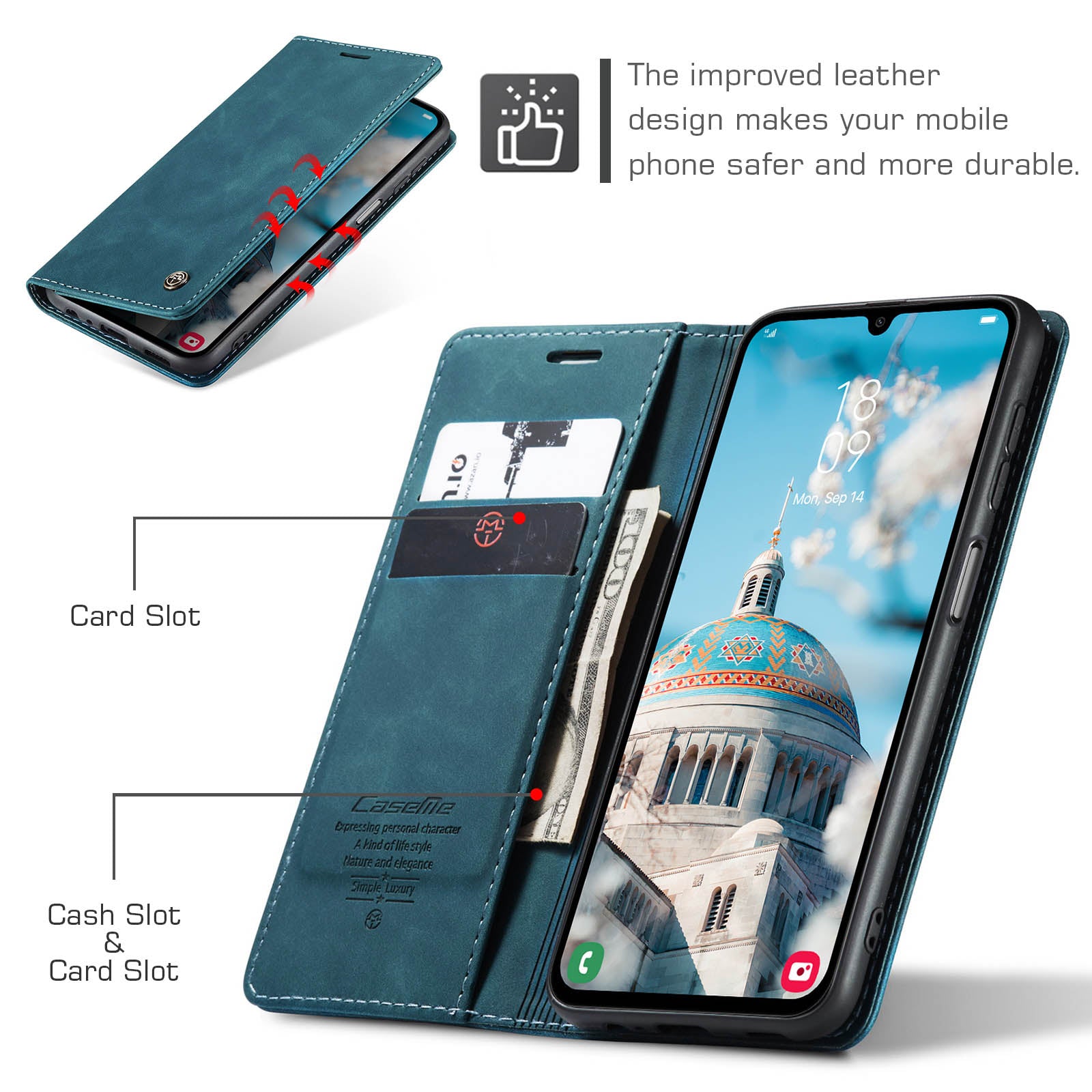 For Samsung Galaxy A16 5G / A16 4G Case CASEME 013 Series Card Holder Stand Leather Phone Cover - Blue