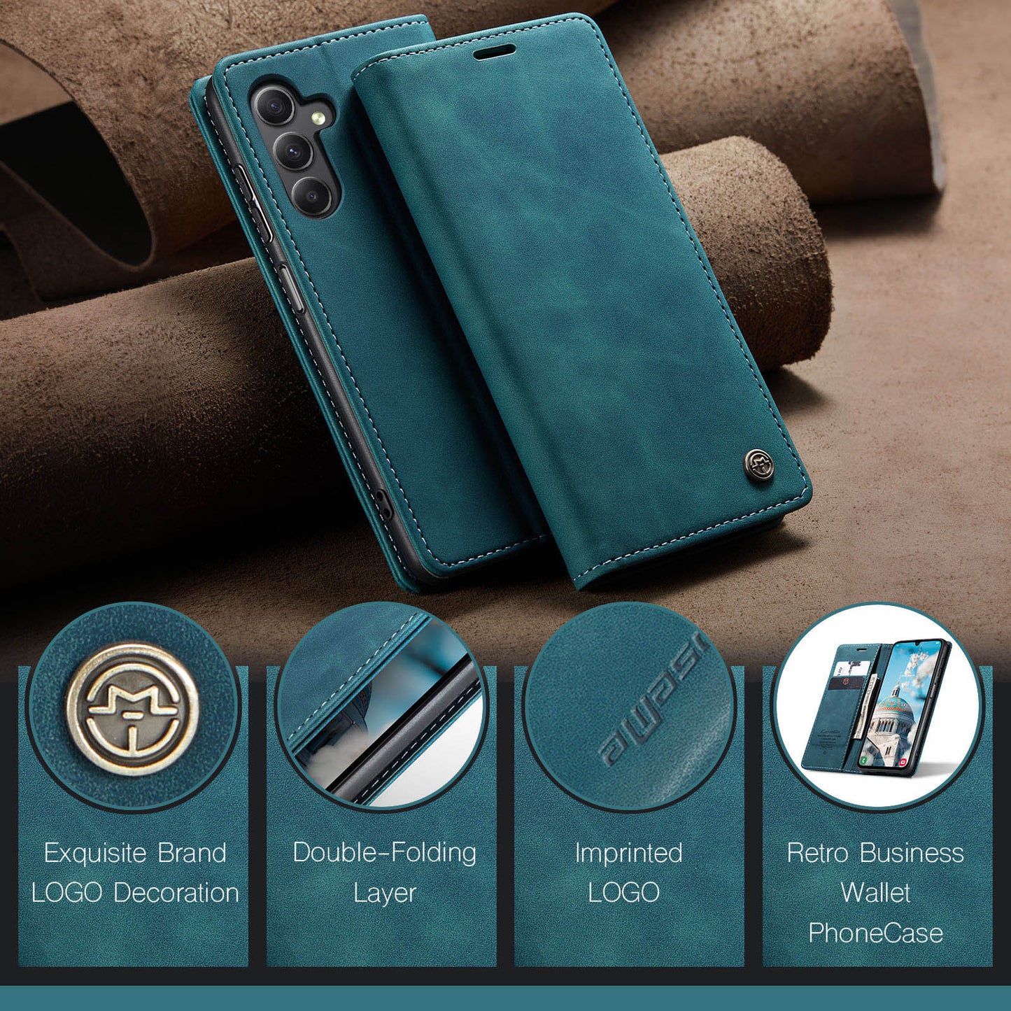 For Samsung Galaxy A16 5G / A16 4G Case CASEME 013 Series Card Holder Stand Leather Phone Cover - Blue