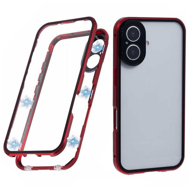 For iPhone 16 Plus Case Magnetic Adsorption Double Sides Tempered Glass+Metal Phone Cover with Buckle - Red