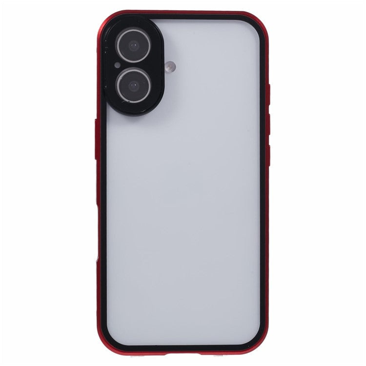 For iPhone 16 Plus Case Magnetic Adsorption Double Sides Tempered Glass+Metal Phone Cover with Buckle - Red