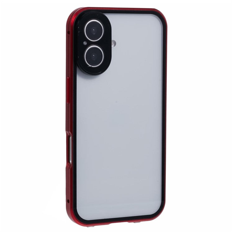 For iPhone 16 Plus Case Magnetic Adsorption Double Sides Tempered Glass+Metal Phone Cover with Buckle - Red