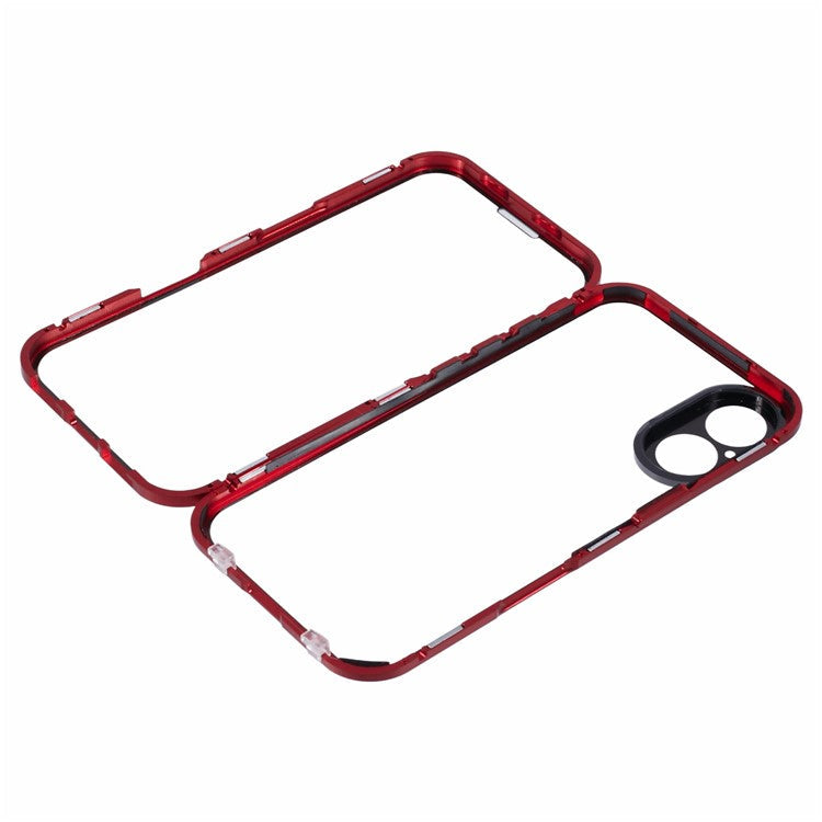 For iPhone 16 Plus Case Magnetic Adsorption Double Sides Tempered Glass+Metal Phone Cover with Buckle - Red