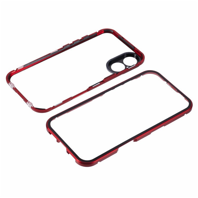 For iPhone 16 Plus Case Magnetic Adsorption Double Sides Tempered Glass+Metal Phone Cover with Buckle - Red