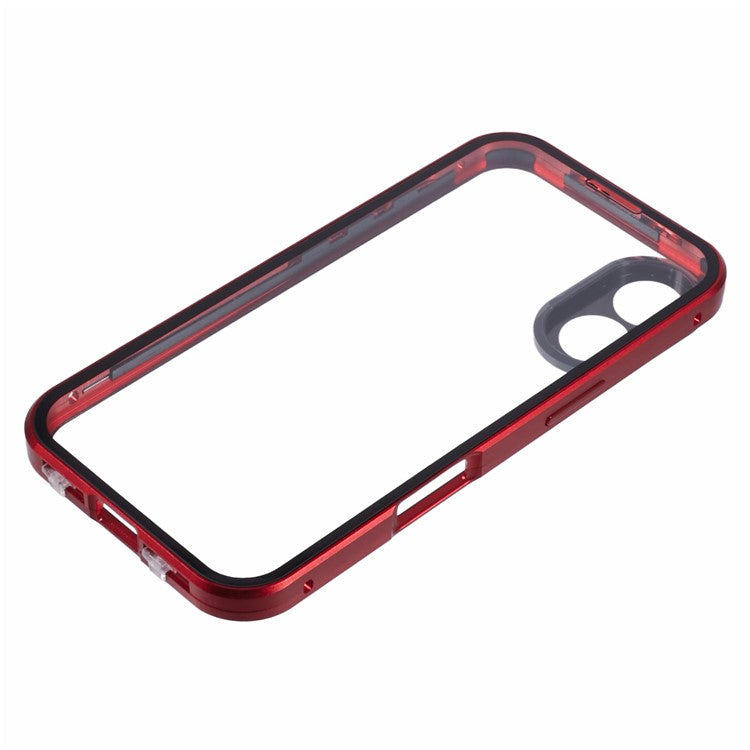 For iPhone 16 Plus Case Magnetic Adsorption Double Sides Tempered Glass+Metal Phone Cover with Buckle - Red