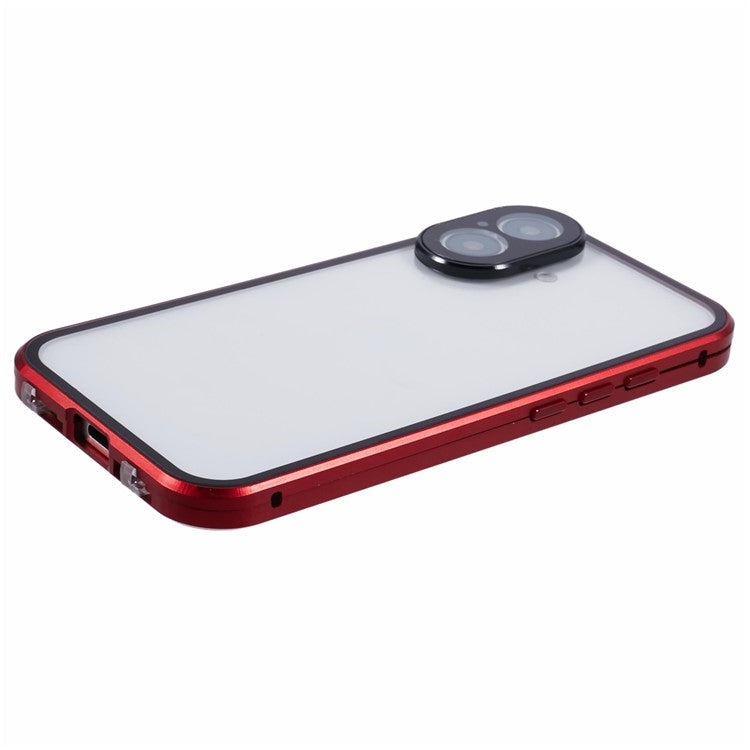 For iPhone 16 Plus Case Magnetic Adsorption Double Sides Tempered Glass+Metal Phone Cover with Buckle - Red