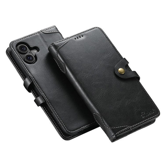 SUTENI Q03 Series for iPhone 16 Case Wavy Texture PU Leather Phone Wallet Cover - Black