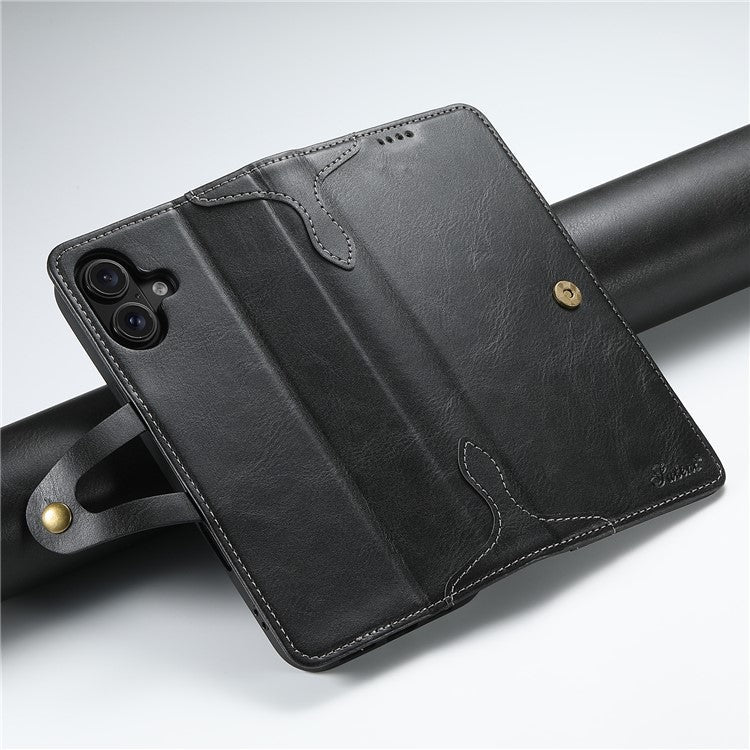 SUTENI Q03 Series for iPhone 16 Case Wavy Texture PU Leather Phone Wallet Cover - Black