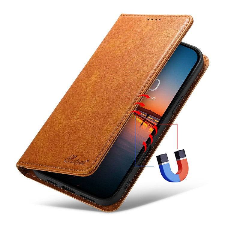 SUTENI J02 Series for iPhone 16 Pro Case Waxy Texture Leather Phone Cover with Magnetic Closure - Khaki