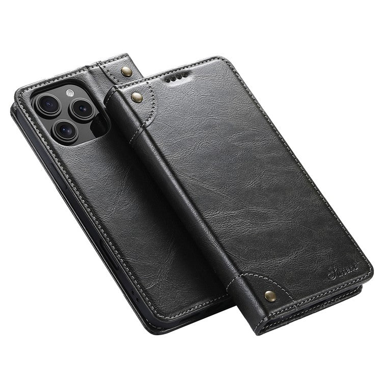 SUTENI For iPhone 16 Pro Case PU Leather Stand Wallet Phone Cover - Black