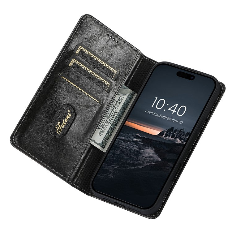 SUTENI For iPhone 16 Pro Case PU Leather Stand Wallet Phone Cover - Black