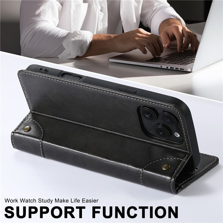 SUTENI For iPhone 16 Pro Case PU Leather Stand Wallet Phone Cover - Black