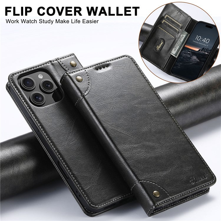SUTENI For iPhone 16 Pro Case PU Leather Stand Wallet Phone Cover - Black
