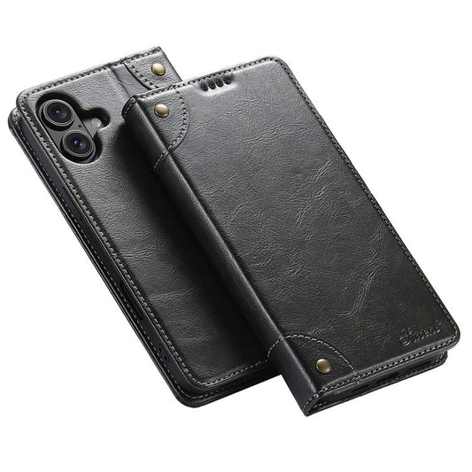 SUTENI For iPhone 16 Case PU Leather Stand Wallet Phone Cover - Black