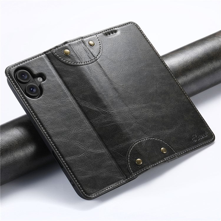 SUTENI For iPhone 16 Case PU Leather Stand Wallet Phone Cover - Black
