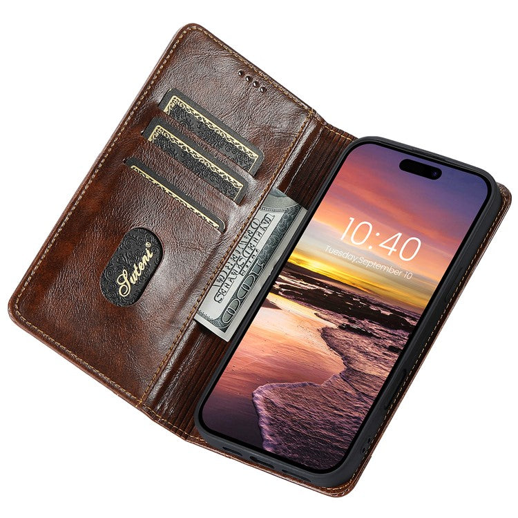 SUTENI For iPhone 16 Case PU Leather Stand Wallet Phone Cover - Khaki