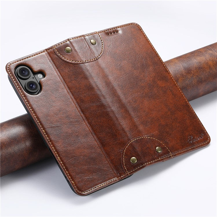 SUTENI For iPhone 16 Case PU Leather Stand Wallet Phone Cover - Khaki
