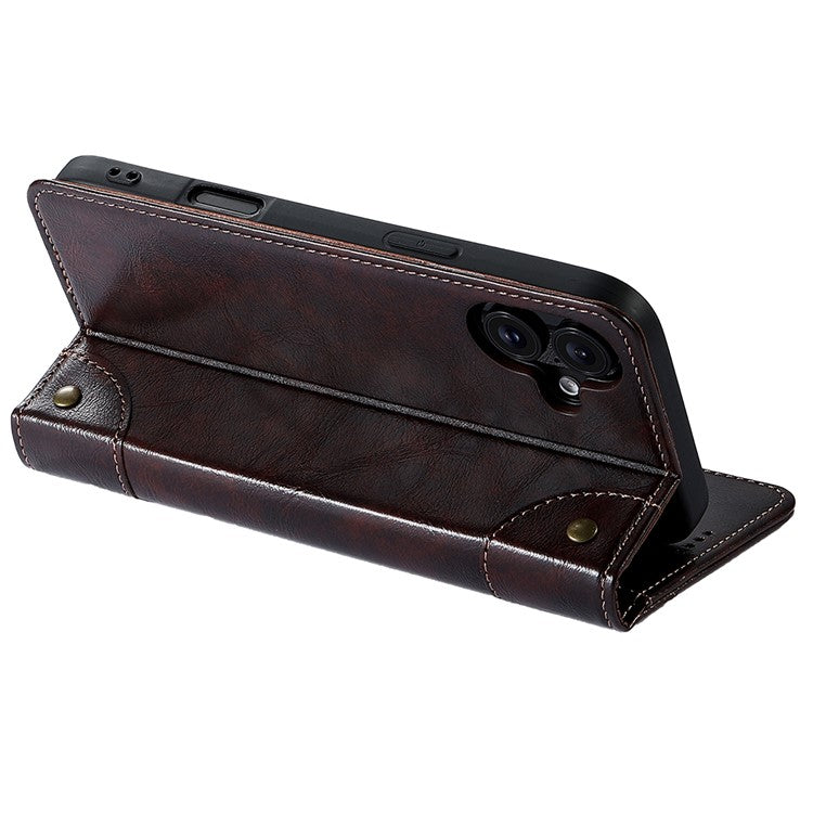 SUTENI For iPhone 16 Case PU Leather Stand Wallet Phone Cover - Brown