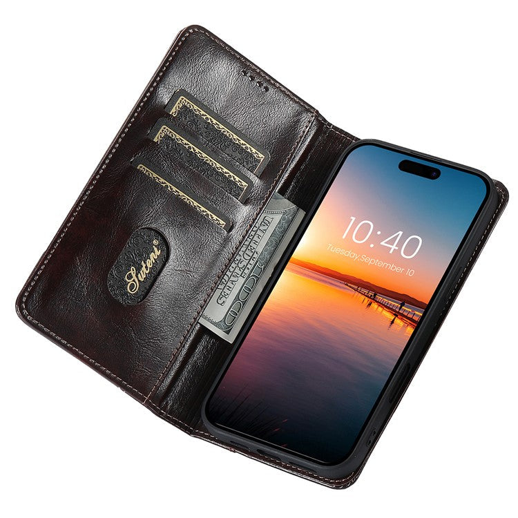 SUTENI For iPhone 16 Case PU Leather Stand Wallet Phone Cover - Brown