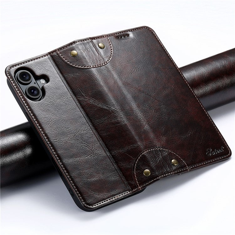 SUTENI For iPhone 16 Case PU Leather Stand Wallet Phone Cover - Brown
