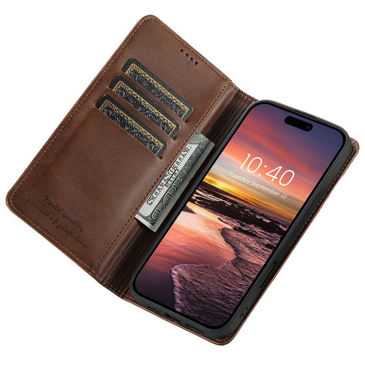 SUTENI For iPhone 16 Pro Case PU Leather Wallet Stand Magnetic Closing Phone Cover - Brown
