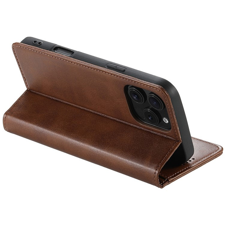 SUTENI For iPhone 16 Pro Case PU Leather Wallet Stand Magnetic Closing Phone Cover - Brown