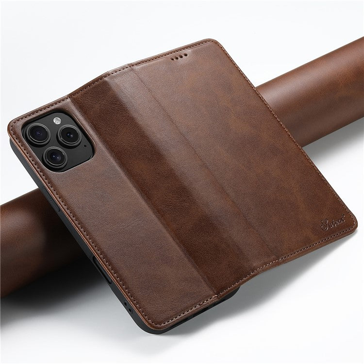 SUTENI For iPhone 16 Pro Case PU Leather Wallet Stand Magnetic Closing Phone Cover - Brown