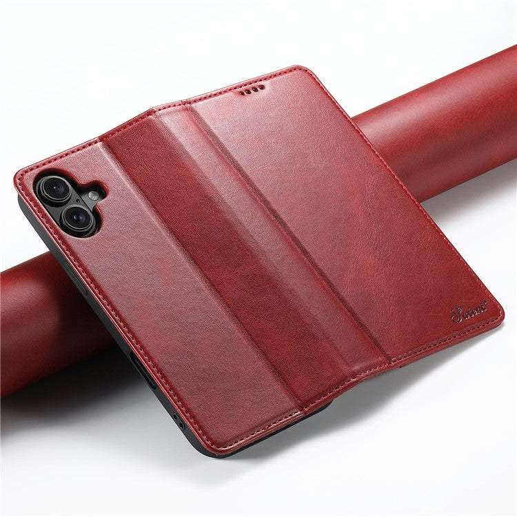 SUTENI For iPhone 16 Case PU Leather Wallet Stand Magnetic Closing Phone Cover - Red