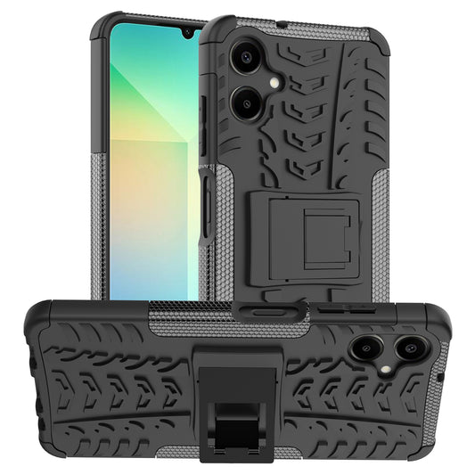 For Samsung Galaxy A06 Case PC+TPU Tyre Pattern Slim Phone Cover with Kickstand - Black
