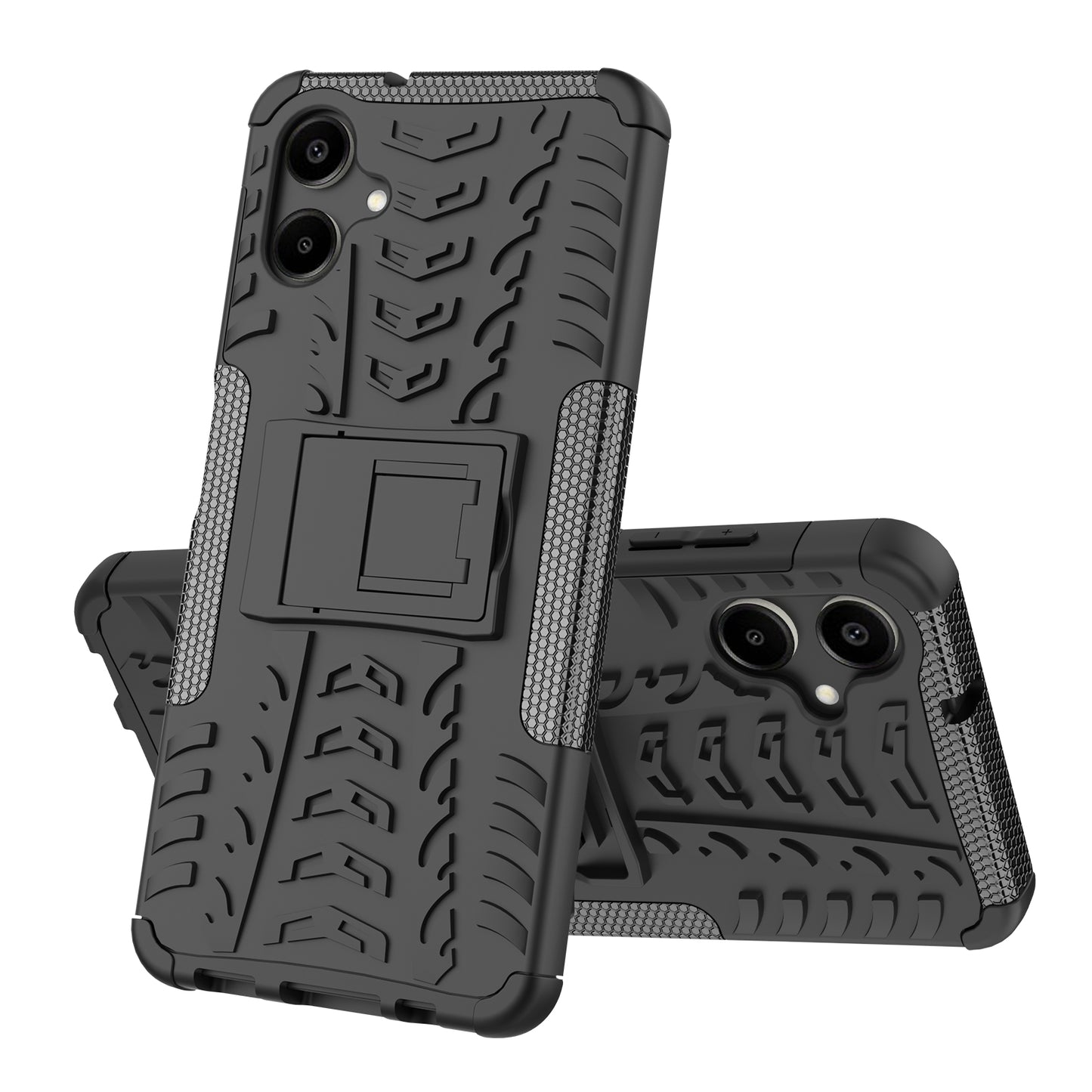 For Samsung Galaxy A06 Case PC+TPU Tyre Pattern Slim Phone Cover with Kickstand - Black
