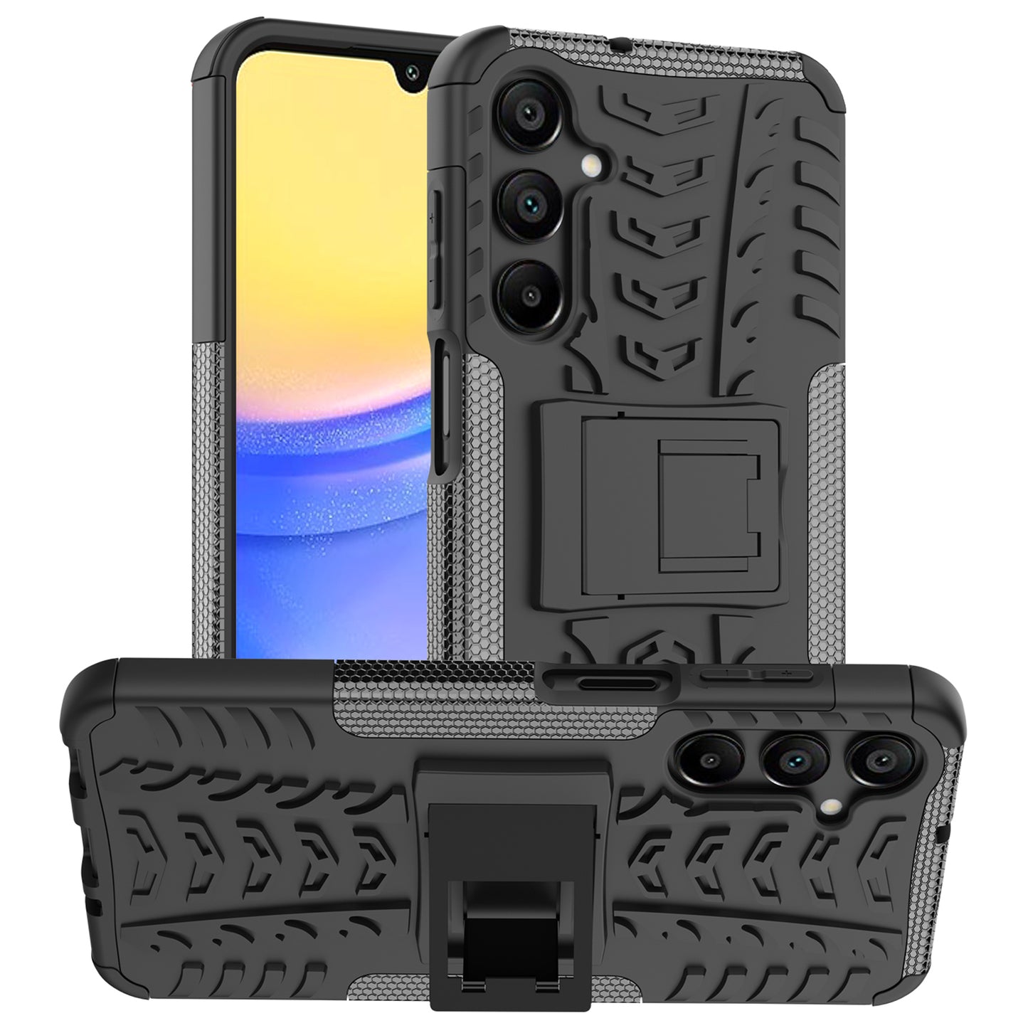 For Samsung Galaxy A16 5G / A16 4G Case PC+TPU Tyre Pattern Slim Phone Cover with Kickstand - Black