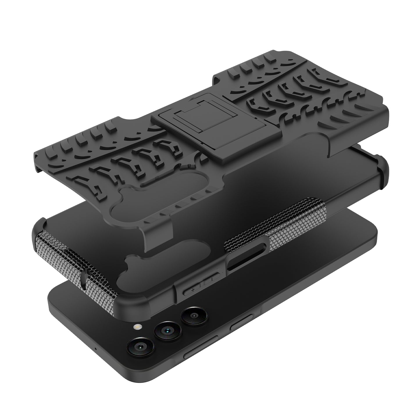 For Samsung Galaxy A16 5G / A16 4G Case PC+TPU Tyre Pattern Slim Phone Cover with Kickstand - Black