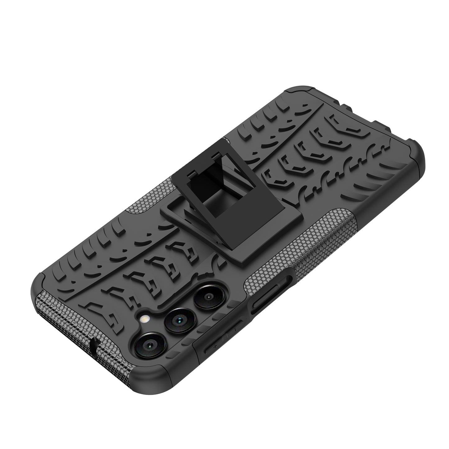 For Samsung Galaxy A16 5G / A16 4G Case PC+TPU Tyre Pattern Slim Phone Cover with Kickstand - Black