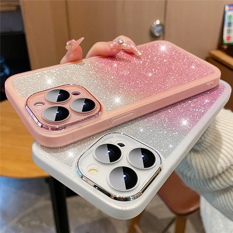 For iPhone 16 Pro Case Gradient Glitter Shockproof PC+TPU Phone Cover with Lens Film - Dark Purple