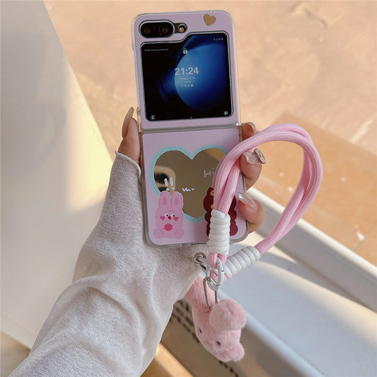 For Samsung Galaxy Z Flip7 FE 5G / Z Flip6 5G Case Mirror Surface Protective Hard PC Phone Cover with Wrist Strap - Pink Rabbit