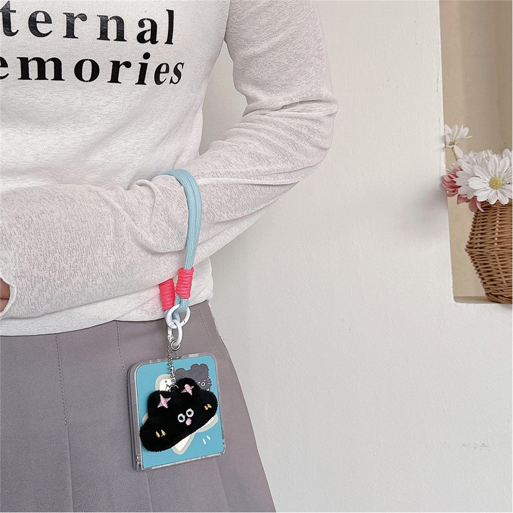 For Samsung Galaxy Z Flip7 FE 5G / Z Flip6 5G Case Mirror Surface Protective Hard PC Phone Cover with Wrist Strap - Black Cat / Star