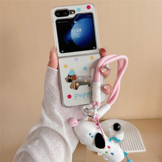 For Samsung Galaxy Z Flip7 FE 5G / Z Flip6 5G Case Dots Dog Pattern Protective Hard PC Phone Cover with Wrist Strap - White