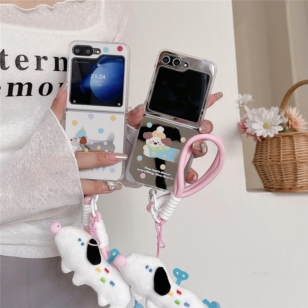 For Samsung Galaxy Z Flip7 FE 5G / Z Flip6 5G Case Dots Dog Pattern Protective Hard PC Phone Cover with Wrist Strap - White