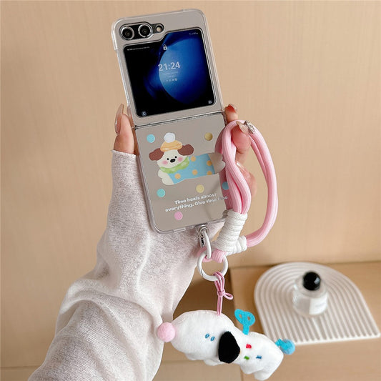 For Samsung Galaxy Z Flip7 FE 5G / Z Flip6 5G Case Dots Dog Pattern Protective Hard PC Phone Cover with Wrist Strap - Apricot