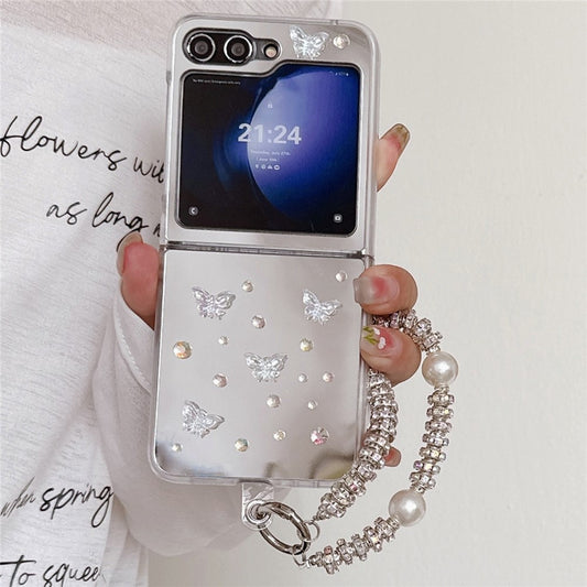 For Samsung Galaxy Z Flip7 FE 5G / Z Flip6 5G Case Mirror Surface Rhinestone Butterfly Decor Hard PC Phone Cover with Wrist Strap