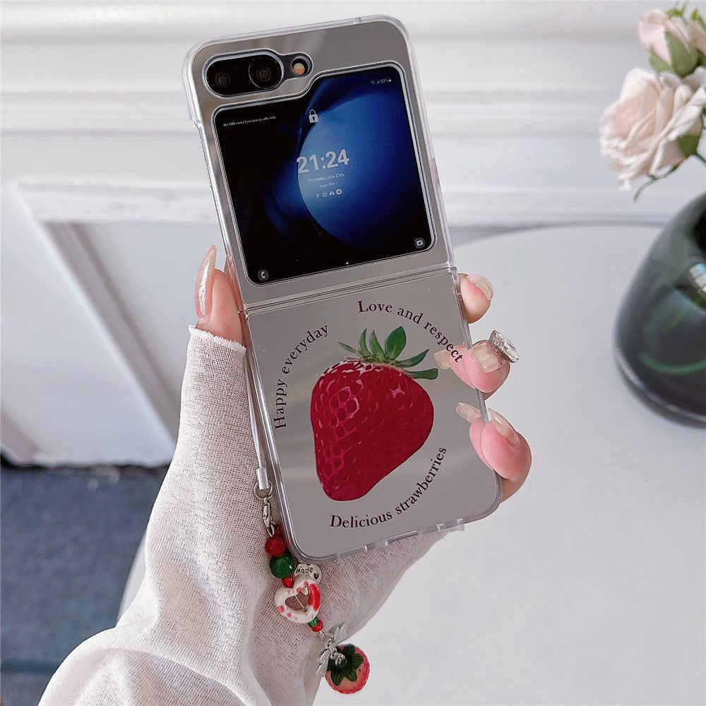 For Samsung Galaxy Z Flip7 FE 5G / Z Flip6 5G Case Mirror Surface Shockproof Hard PC Phone Cover with Strap - Strawberry
