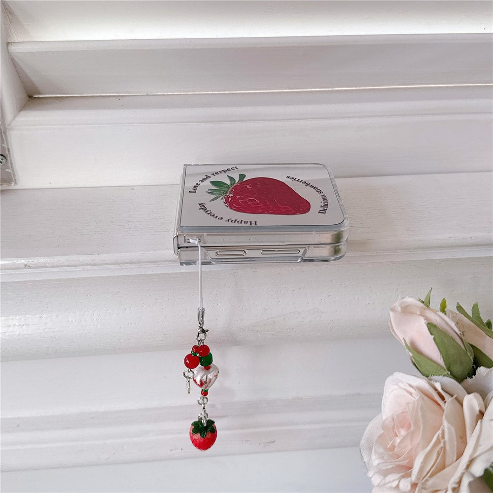 For Samsung Galaxy Z Flip7 FE 5G / Z Flip6 5G Case Mirror Surface Shockproof Hard PC Phone Cover with Strap - Strawberry