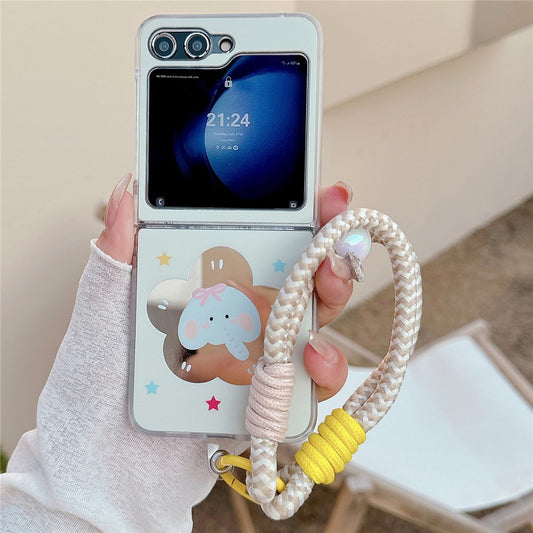 For Samsung Galaxy Z Flip7 FE 5G / Z Flip6 5G Case Mirror Surface Shockproof Hard PC Phone Cover with Strap - Elephant